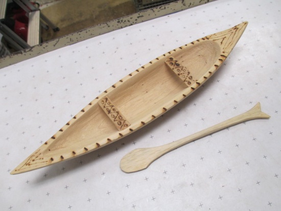Hand Carved Wood Canoe with Paddle - 18x3.25 - con 476