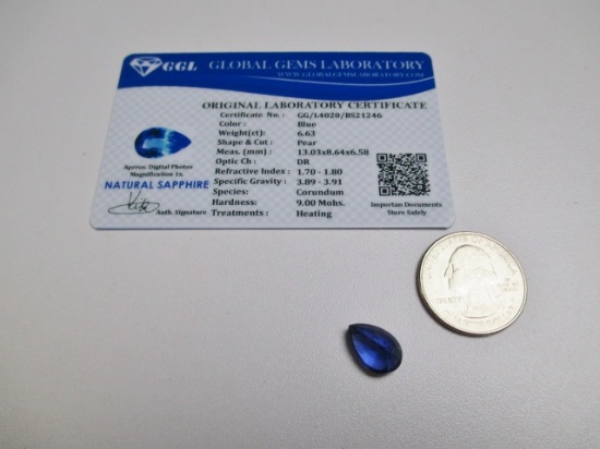 Natural Pear Cut Blue Sapphire 6.63cts 13.03x8.64x6.58mm Certified GG Labs - con 583