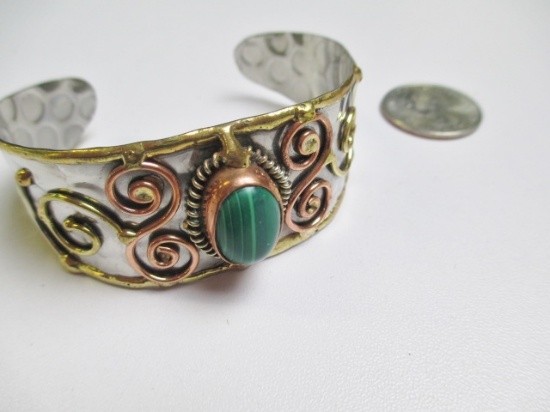 Silver, Brass and Copper Cuff with Malachite Stone - con 754