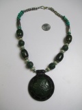 Unique Vintage Silver GReen Amber and Turquoise Necklace - con 754