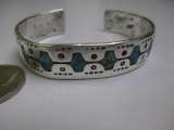 Zuni Sterling Silver Turquoise Inlay Cuff Bracelet - Signed SD - con 754