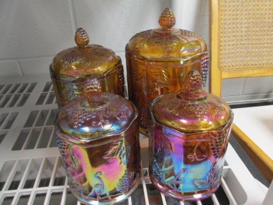 Lot of 4 Carnival Glass Canisters - Will NOT be Shipped - con 394