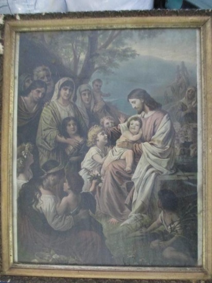 Vintage Framed Jesus the Good Shepard Blessing Children Print 15"x20" - Will NOT be Shipped- con 847