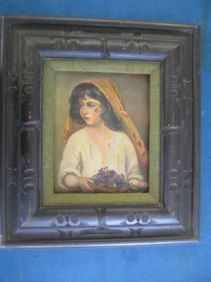 Antique Original Oil Painting Woman Holding Lavendar Basket 10"x14" - con 847