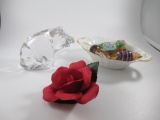 Crystal Pig,k Porcelain Rose, Candy Dish w/Glass Candies - con 857