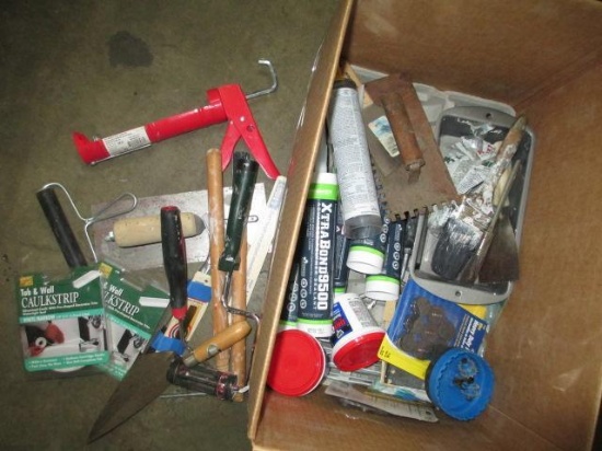 Box of Paint, Tile and Drywall Tools and Caulk - will not ship - con 672