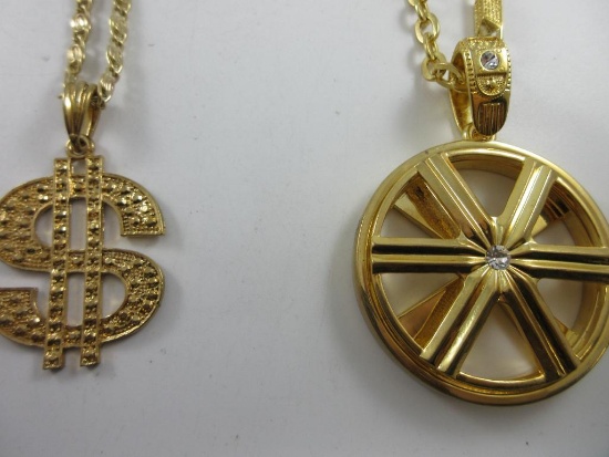 Gold Tone Necklaces - Spinning Rim and Money Sign - con 119