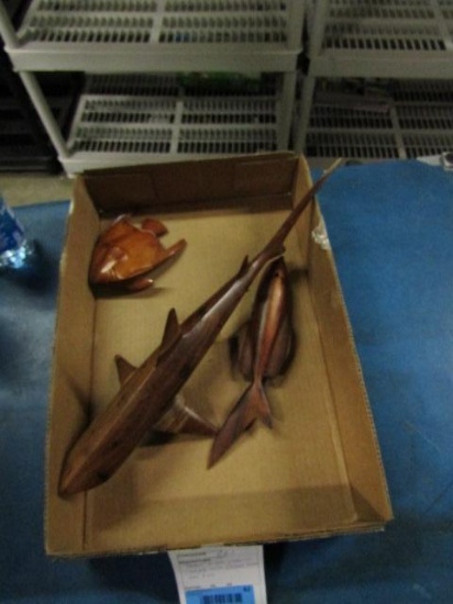 Three Wood Carvings - Shark with Shark Teeth - Two Fish - con 663