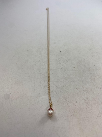 14k Gold 22" Necklace with Ruby and Pearl Pendant - con 668