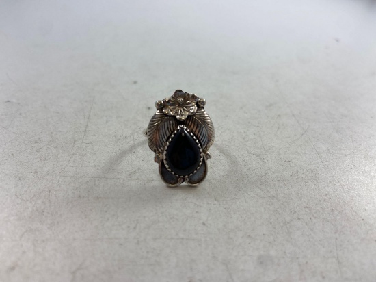 Vintage Sterling Silver Native American Black Onyx Ladies Ring - Size 7.5 - 8 - con 3