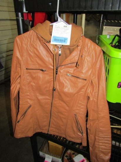 Women's Cognac Faux Leather Hooded Zip-Up Jacket - S - Con 868