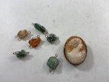 Bag with Nice Cameo Pin and 5 Sterling Silver Pendants of Different Stone Nuggets - con 992