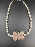 Large .925 Silver & Pearl Butterfly Necklace - Con 668