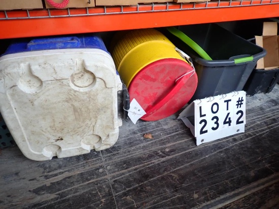 large lot assorted coolers, tubs, trash bags, tool