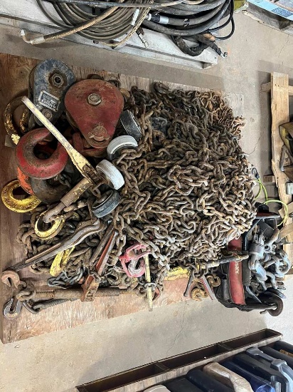 PALLET OF CHAINS, BINDERS, SHACKLES