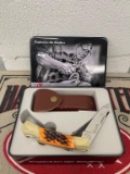 TRACTOR SUPPLY SINGLE LOCK BLADE KNIFE W/ LEATHER HOLSTER IN DISPLAY TIN