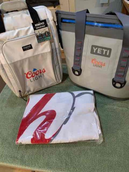 Coors Light Branded 3-piece Package to include Yeti M30 Soft Cooler, Igloo 30-can Backpack and Beach