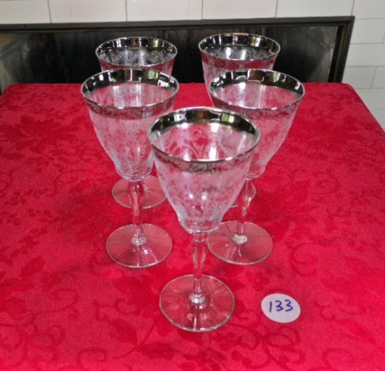 Tiffin Glass Goblets Etched w/Platinum Rims (5 pc)