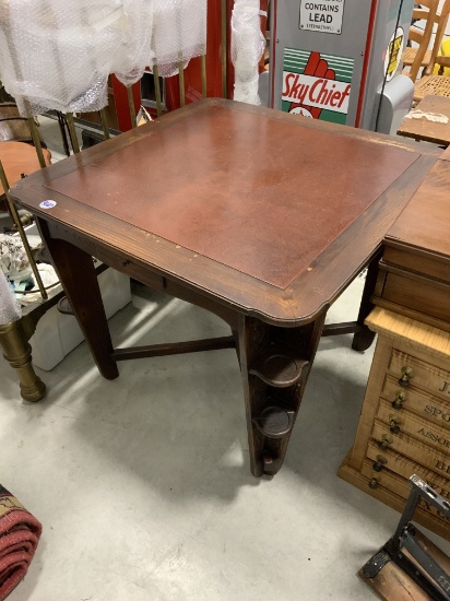 Arts and Craft Leather Inlaid Game Table (Buyer Responsible for Shipping Arrangements)