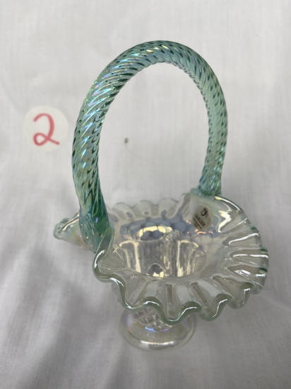 Fenton hobnail small basket, opalescent