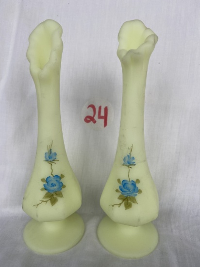 2 Fenton Lime Sherbet Bud Vases, Hand Painted and signed by the Artist