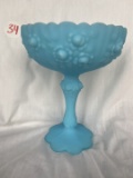 Fenton Blue Milk Glass Cabbage Rose Compote 7.5