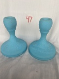 Pair of Fenton Satin Blue Candleholders 7