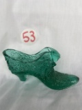 Fenton Emerald Daisy and Button Shoe, Emerald Green Glass Cat Pattern Shoe