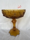 Fenton Compote, Amber Glass, Cabbage Rose Pattern, High Relief Roses, 7-1/2