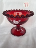 Fenton Ruby Red Handpainted Candy Dish - Signed by N. Roberts