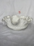 Fenton Silver Crest Spanish Lace White Milk Glass Bowl Ruffled Crimped Embossed 10