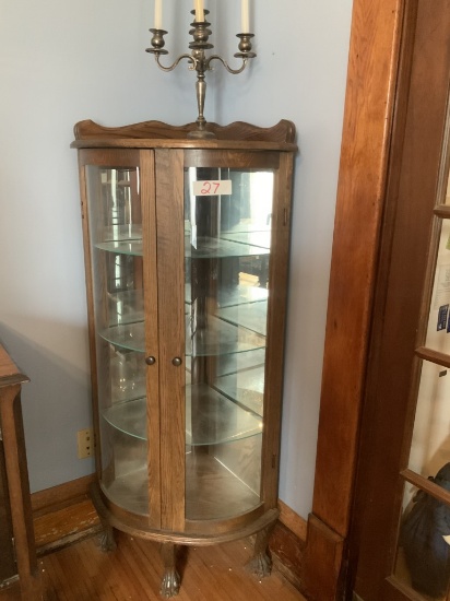 Lighted corner oak curved cabinet w/ glass shelves