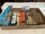 HO Scale - 4 cars, including box car, cracker jack car and coal car