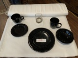 set of dishes and napkin holders for six. Dinner plates, mugs, salad bowls, dessert plates, drinking