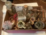 box lot: mugs, containers, glass vase