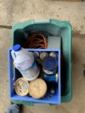 Tub of Extension Cords, Milk Case of Supplies, degreaser, bleach, etc.