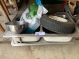 Pair of stainless steel sinks, cart, tire and rim