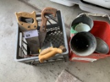 Milk Crate w/miter saws, bucket w/funnels