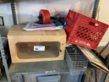 Shelf - wood box, milk crate, sm. live trap, drain snake, hand grass seeder