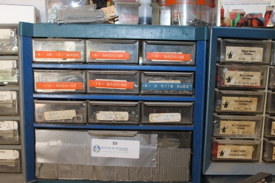 Organizer with misc. metal screws, machine screws and square nuts. Buyer to remove from wall.