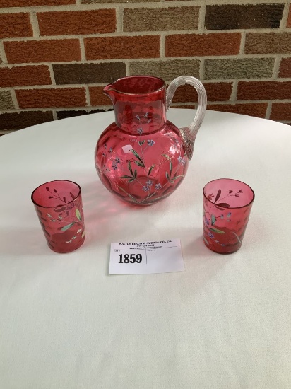 Beautiful Old Cranberry Glass Pitcher with 3 Matching Glasses with Flower Design (only 2 glasses pic