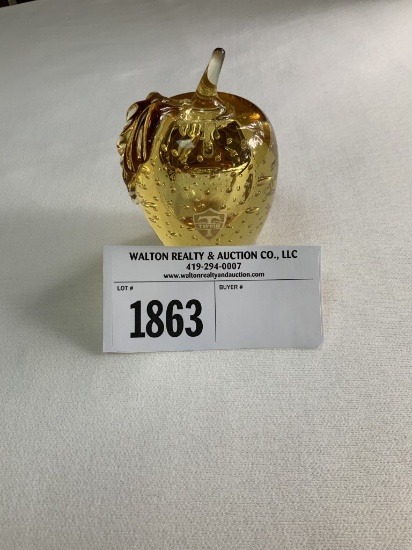 Tiffin Golden Glass Apple Paperweight with Large Bubble and Small Bubbles