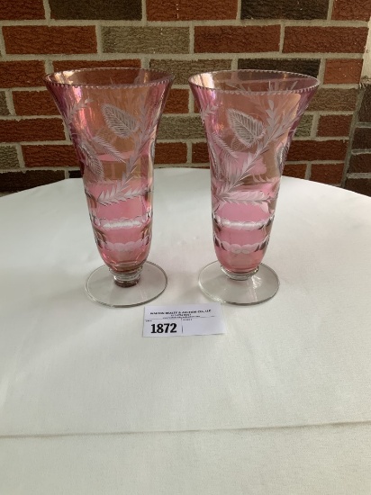 Tiffin Pair of 12" Cranberry Ornately Cut Vases