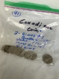 Canadian Coins (2) Dimes and (1) Quarter w/Silver, (9) Newer Quarters and (1) Dime