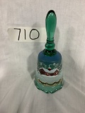 Fenton Bell hand painted by T. Gaskins- Winter Log Cabin Scene- Emerald