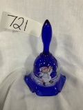 Fenton Bell hand painted by S. Smith- Snowman Winter Scene-Cobalt Blue