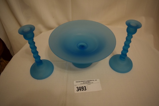 Tiffin Blue Satin Compote w/Tall Twisted Candlesticks