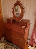 Walnut dresser w/horse shoe mirror and hankie drawers