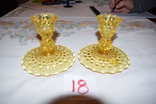 Tiffin Glass Yellow Hobnail Candlesticks