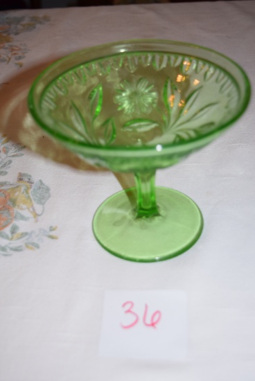 Green Glass Compote w/Daisy Pattern
